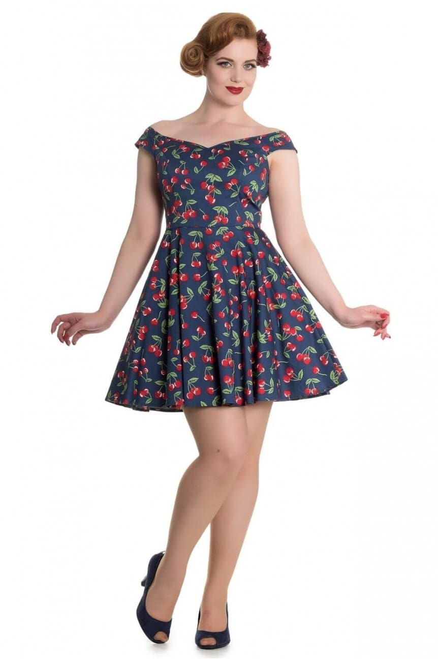 Robe rétro bleue a cerises