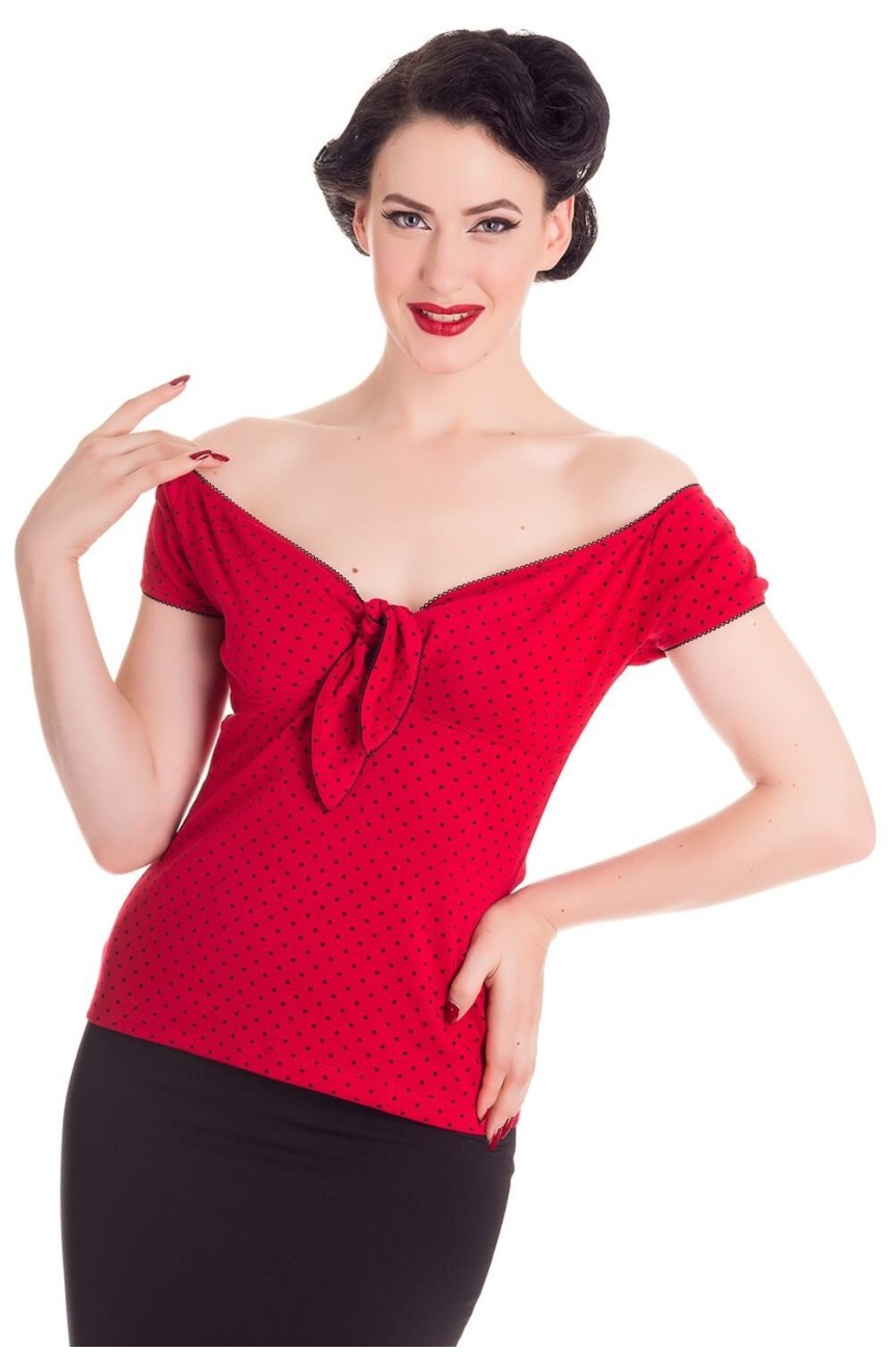 Haut col bateau rouge a pois