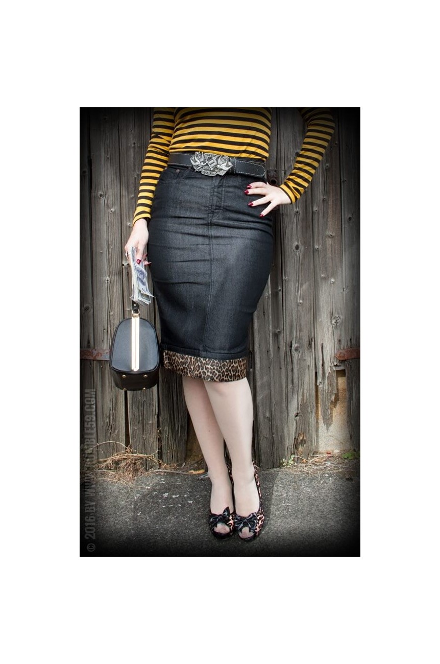 Jupe en jean rockabilly revers léopard