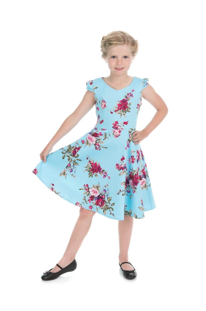Robe pinup enfant bleue a fleurs