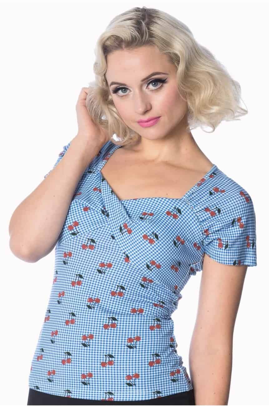 Haut rockabilly cerise vichy bleu