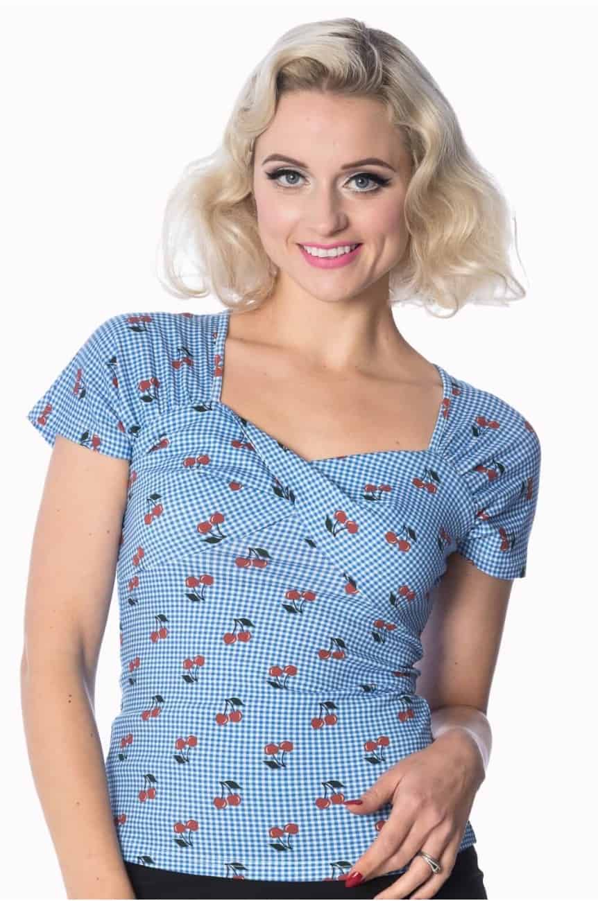Haut rockabilly cerise vichy bleu