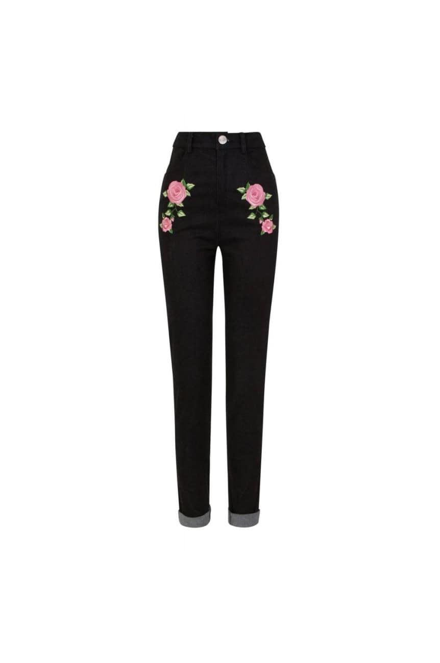 JEAN VINTAGE EXPRESS NOIR TAILLE 3/4 BRODÉ - OCCASION TRÈS BON ÉTAT (MOTIF FLEURI)