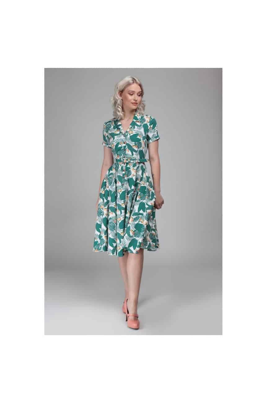 Robe vintage bleue motif tropical