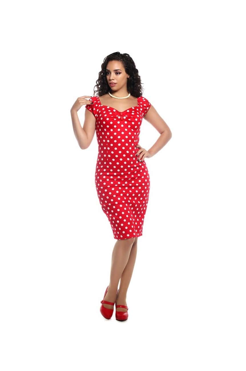 Robe fourreau vintage rouge a pois blanc