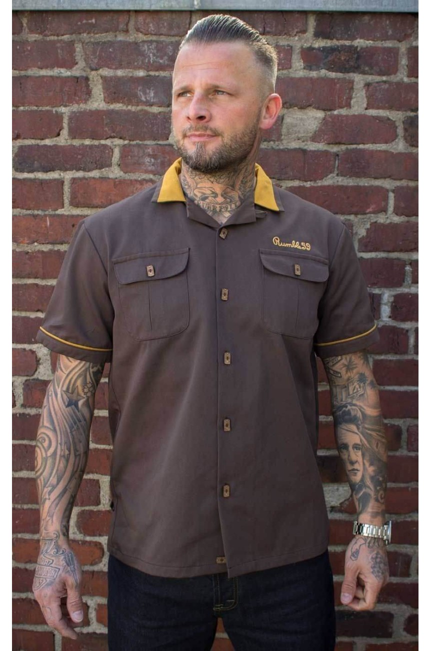 Chemise Homme Relco Style Rockabilly 50s - Motif Quilles Gris Et Noir, Manches Courtes, Neuve Avec étiquettes