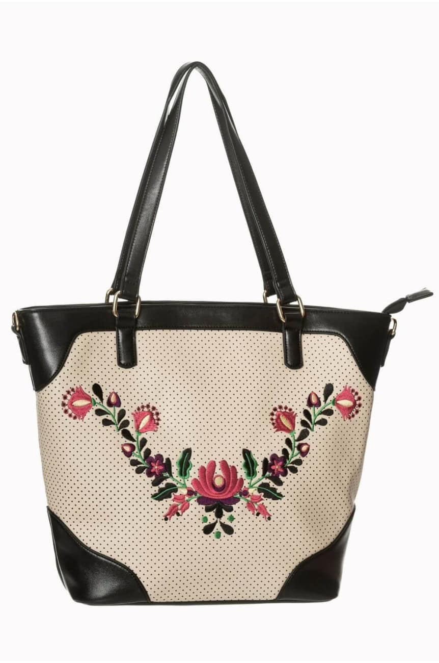 Sac vintage beige avec fleurs brodées
