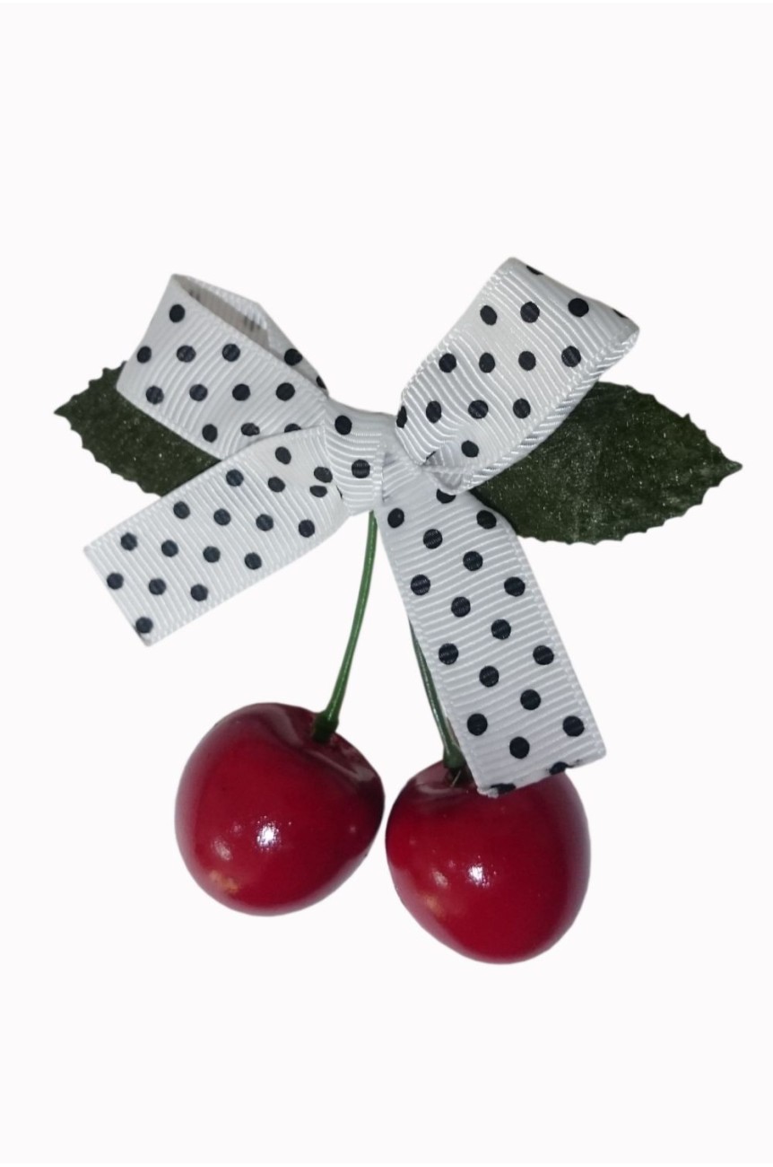 Barrette cerise noeud blanc