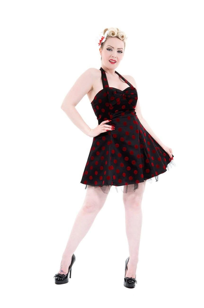Robe pinup noire a pois rouge floquée